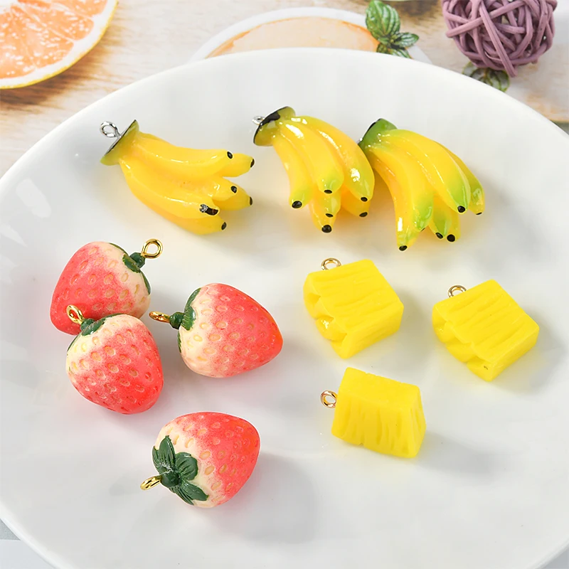 

New Arrival Kawaii Resin Fruit Charms Colorful Plastic Cute Strawberry Banana Pinaple Shape Earring Necklace Keyring Pendants