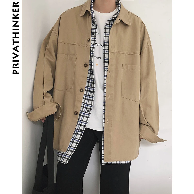 Achat Privathinker Surdimensionné Hommes Cargo Shirts Manteau 2018 Hommes Poches À Manches Longues Rétro Kaki Shirts Mâle Coréen de Haute Qualité Vestes