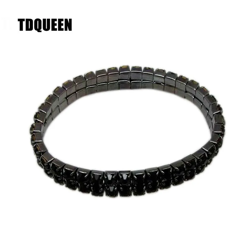 TDQUEEN 2 Rows Rhinestone Bangle Bracelet Black Gun Plated Metal Elastic Stretch Black Crystal Indian Bangles for Women (2)
