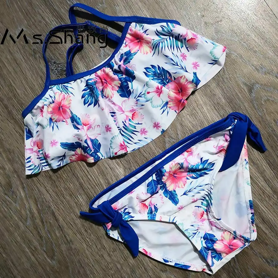 

4-12 Years Floral Baby Girl Bikini Two Piece Children Swimsuit Falbala Toddler Girl Bathing Suit Print Teenager Girls Swim Wear