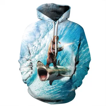 

Jumeast Men/women Fashion Funny Hoodies 3D Sweatshirts Digital Print Bear Standing on Shark Thin Hooded Hoodies