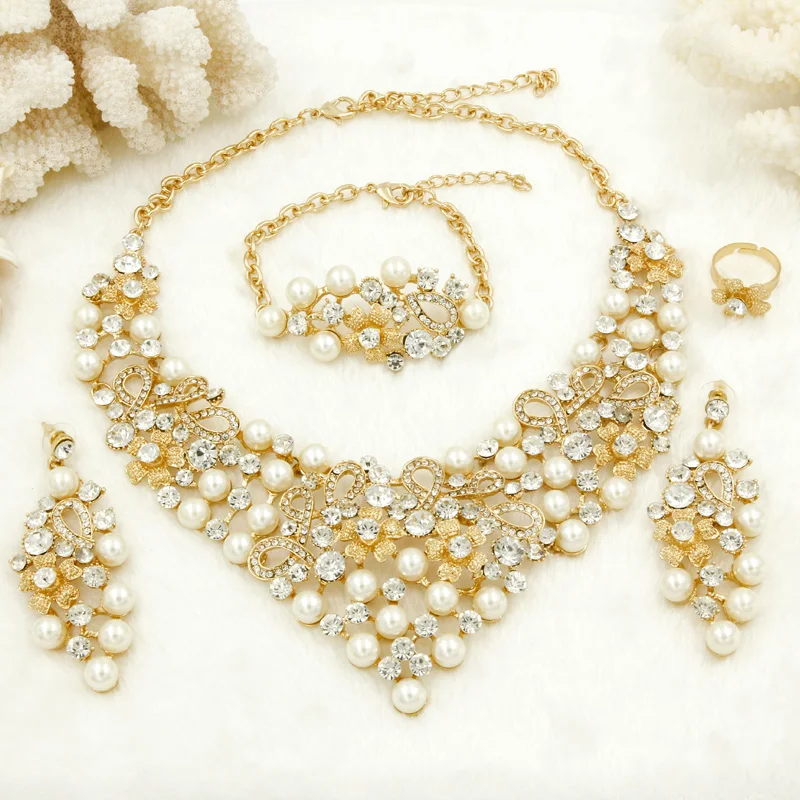 

Liffly Dubai Fashion Charming Women Jewelry Sets Luxury Crystal White Pearl Necklace Bracelet Wedding Jewelry Accessories