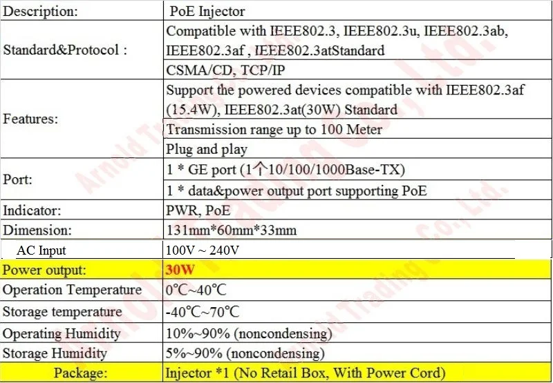 30 Вт гигабитный poe-инжектор 1 переключатель CH POE со встроенным Мощность адаптера переменного тока и DC48V Выход поддержка IEEE802.3af IEEE802.3at с Мощность шнур