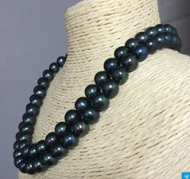 

double strands 9-10mm round south sea black green pearl necklace 17"18"A 925 silver