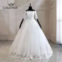 Half Sleeve Wedding Dresses 2019 New Korean Vintage Lace Appliques Embroidery Sequined Gown Bridal Vestido De Noiva MD