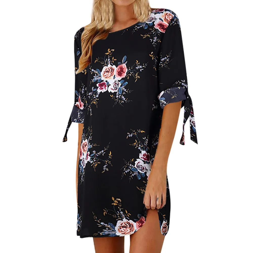 

Vintage Floral Print Dress Women Bowknot Tied Halt Sleeves Mini Dresses Half Sleeve O Neck Beach Shift Dress 2019 Summer Casual