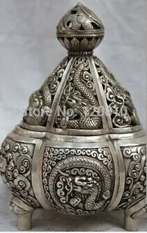 

00672 100% China's Tibet bronze statue Silver incense burner Dragon Buddhism equipment