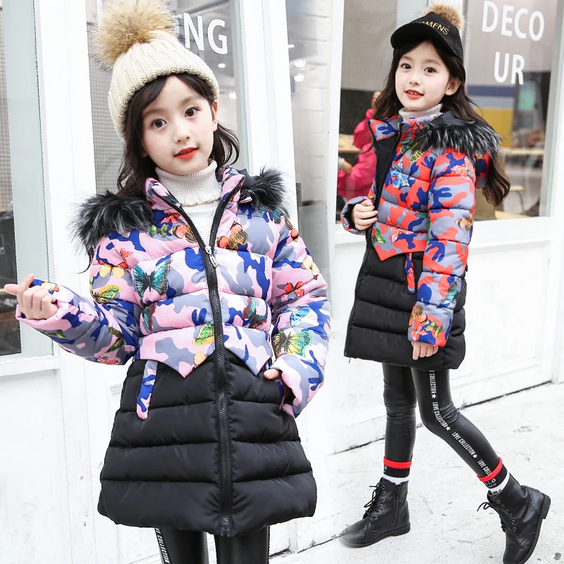 

girls winter clothing 4-13 years old cotton parka Thick hooded long print butterfly stitching coat Hooded fake fur collar down