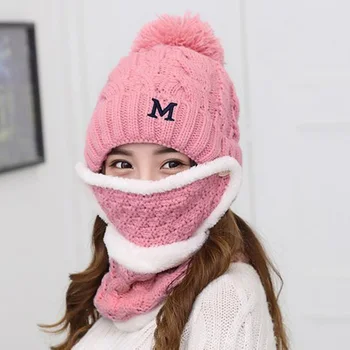

Pom Pom Hat Women Beanie Hat Womens Beanies black pink winter hat solid faux fur hat and scarf for women Skullies Beanies