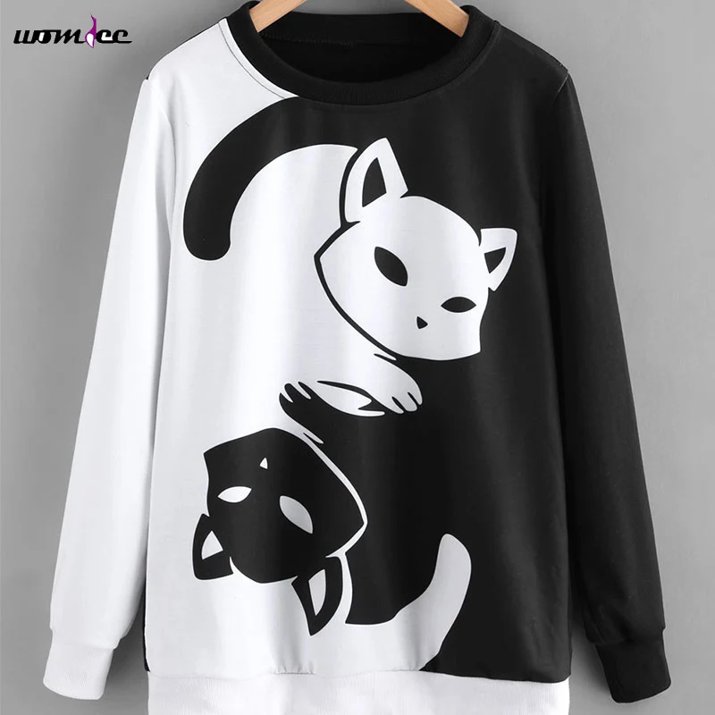 2017 Winter Cute Hoodies Women Pullover Sweatshirt Black And White