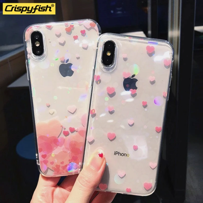 

Crispyfish Pink love Heart Case For iphone 7 8 plus Transparent Soft TPU Cases For iPhone X XR XS MAX 6 6S Plus Silicone Corer