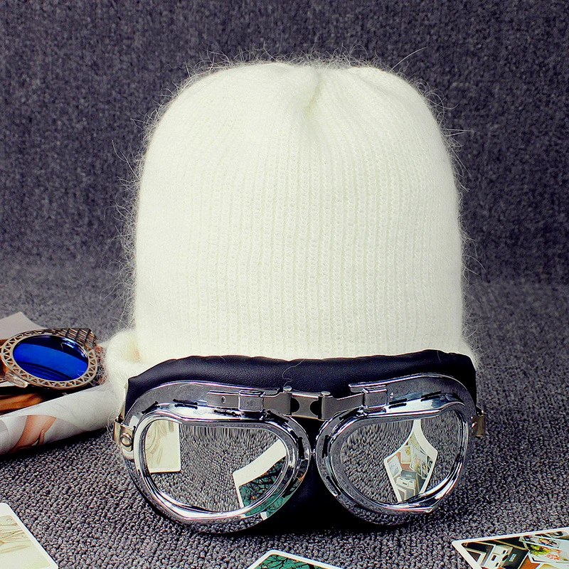 Зимние Модные ветрозащитные очки, вязаные шапки для мужчин и женщин, теплые шапки из ангорской кроличьей шерсти, уличные спортивные лыжные шапки