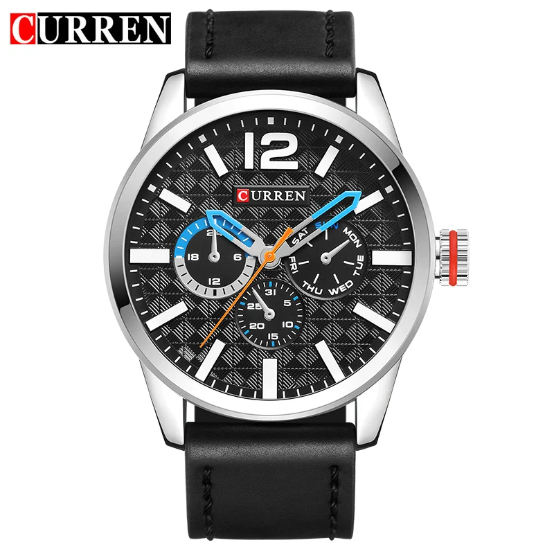 

CURREN Black Silver Quartz Watch Blue Hands Week Month Display Lattice Dial Design Men's Watches Top Brand Luxury Male Clock