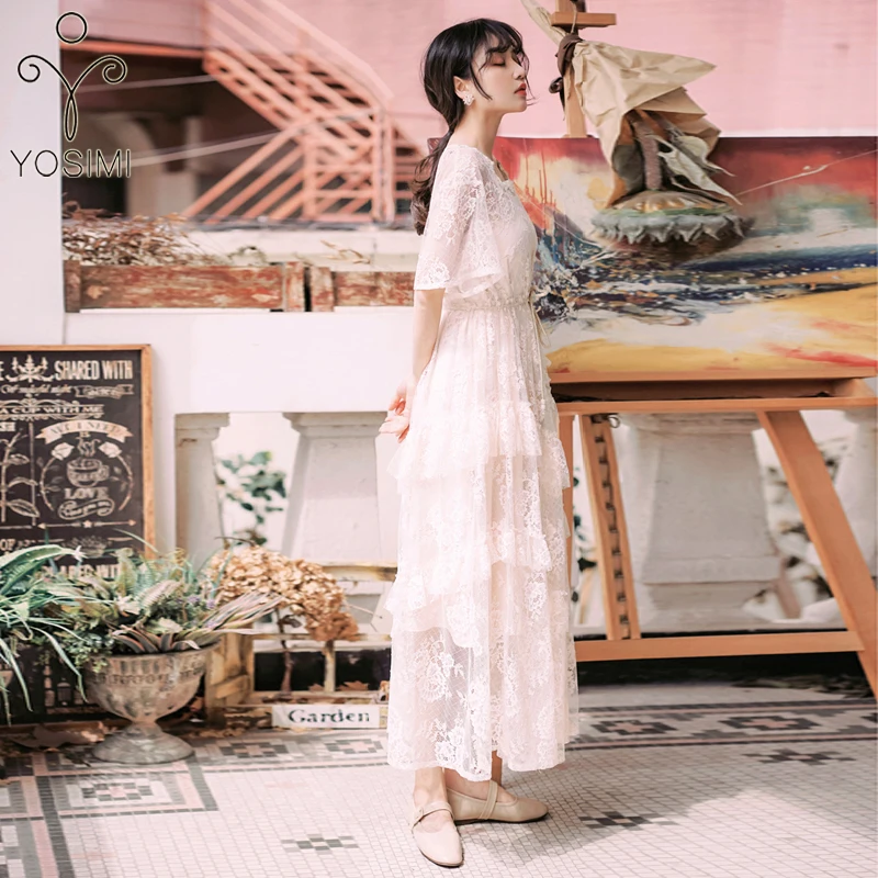 YOSIMI 2019 Summer Maxi Lace Long Women Dress Beige O-neck Short Sleeve Evening Party Dresses Fairy Ankle-length Two Pieces Sets
