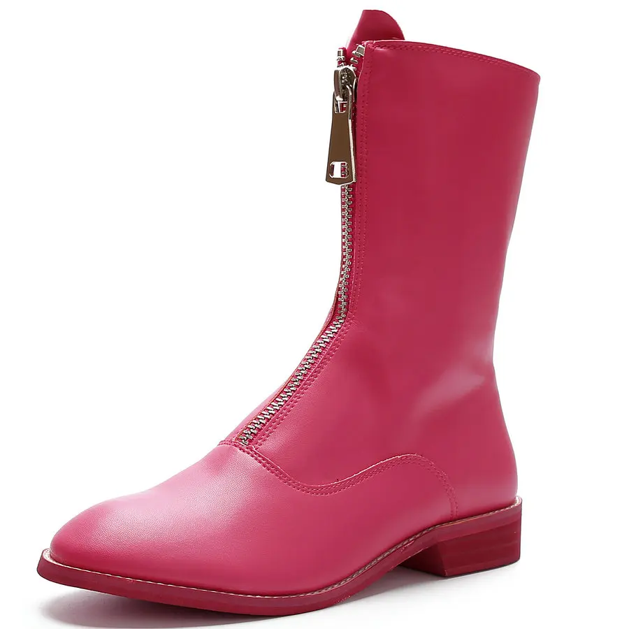 Роскошные женские ботинки; обувь до середины икры из натуральной кожи; ботинки на платформе и толстом каблуке с круглым носком; женская модная обувь на молнии; женская обувь из сетчатого материала - Цвет: Hot Pink
