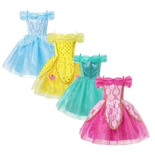 Короткое платье для девочек; детская одежда; платье-пачка принцессы с открытыми плечами; кружевное платье с блестками; Костюм Золушки, Авроры, Белль; карнавальные костюмы
