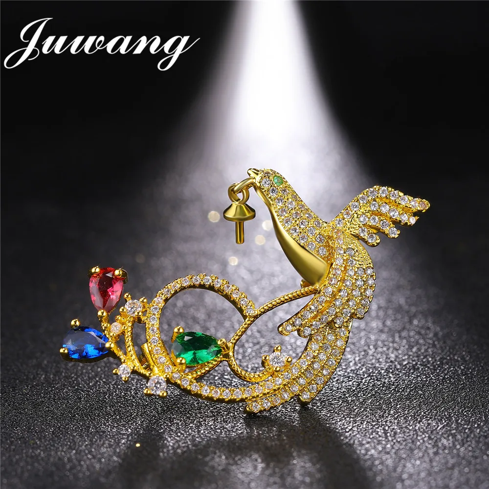 

JUWANG Gold-Color Multi CZ Phoenix Brooches Pins Colorful Imitation Pearl Bird Animal Brooch Pins Scarf Buckle Jewelry Wholesale