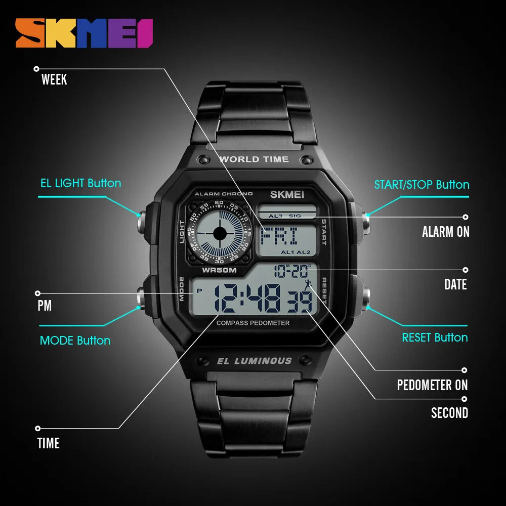 Спортивные часы SKMEI мужские цифровые модные с компасом Chrono наручные новинка erkek kol