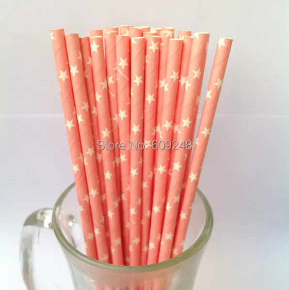 100pcs Colors Party White Stars Pink Paper Straws 100