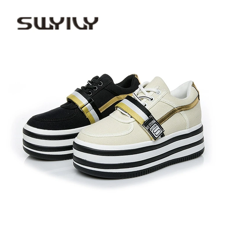 Парусиновые туфли SWYIVY на липучке женские кроссовки Модные осенние платформе