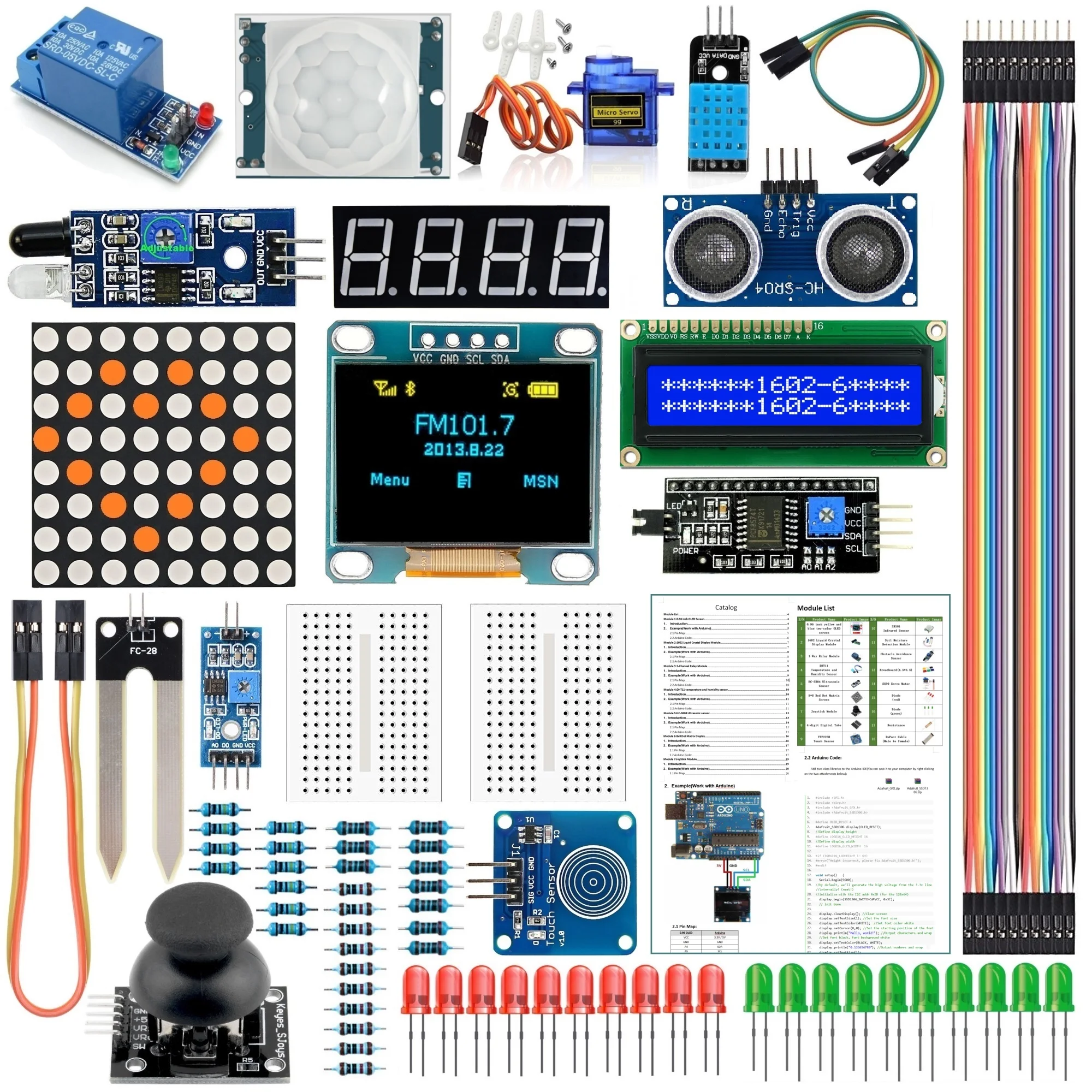 Модуль Arduino Kit с 0,9" OLED 1602 ЖК-дисплеем, реле, серводвигатель, DHT11 для стартовых проектов(учебник на английском языке