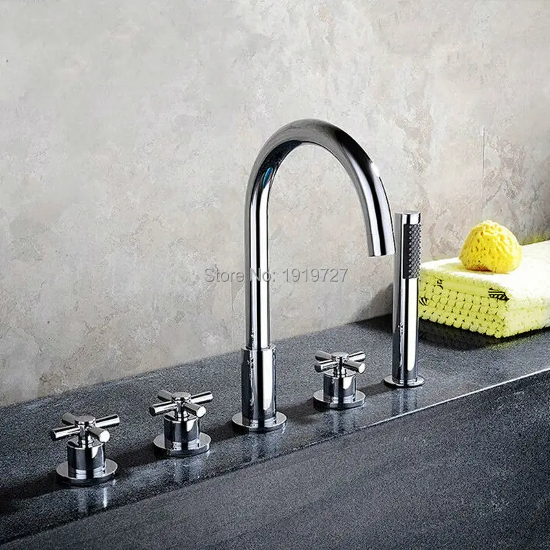 

Bathroom Bathtub Mixer With Pull Out Hand Held Shower Head Chrome Tall Curve Spout Bath Tub Faucet Lavatory Plumbing Fixtures