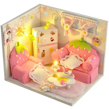 

Miniature Wooden Dollhouse Furniture Kit Strawberry Cartoon Room DIY Dolls House LED Light Birthday Gift Puzzle Toy Xmas Gift