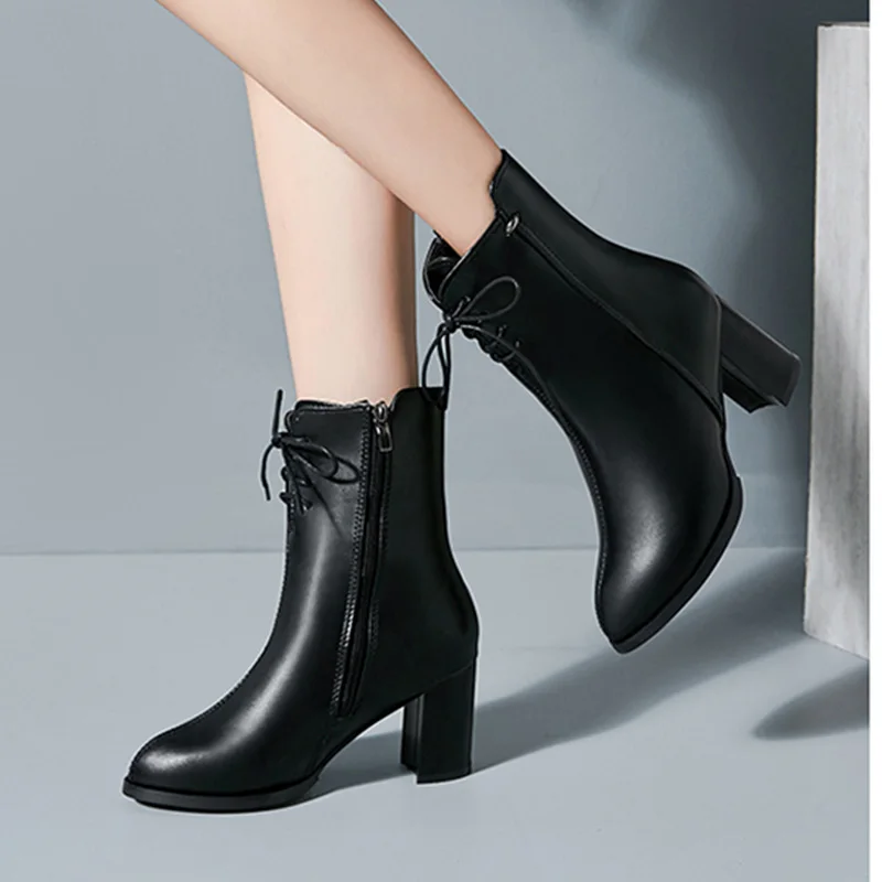 

Chunky Heel Women Winter Ankle Boots Female Fashion Lace Up Zipper Short Boot PU Leather Ladies Slim Shoes Sewing Footwear New