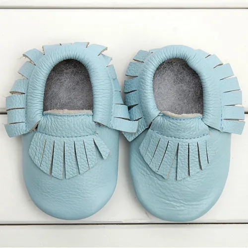 Детская обувь из натуральной кожи; мокасины для новорожденного; обувь для младенцев с бантом и бахромой - Цвет: sky blue