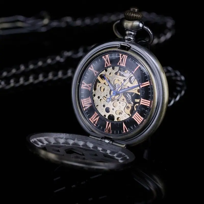 Античный стиль Скелет стимпанк Бронзовый тон корпус Циферблат с римскими цифрами ручной Ветер Механические карманные часы с цепочкой Relogio