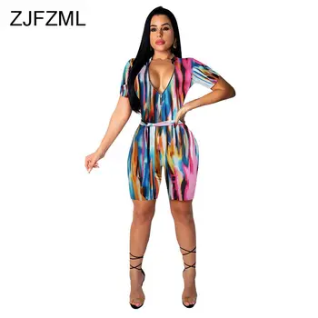 

Plus Size Sexy Rompers Womens Jumpsuit Tie Dyeing Print Short Sleeve Bodycon Overall Streetwear Deep V Zipper Up Short Playsuit