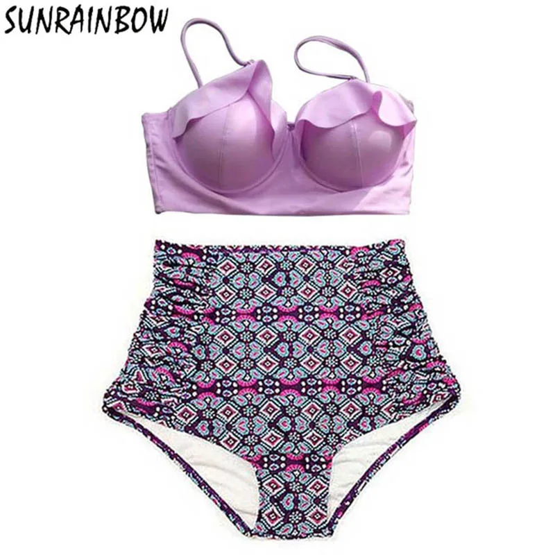 

SUNRAINBOW 2019 Newest Plus Size Bikini Set Retro Floral Push Up Bathing Suit Swimwear Women Summer Biquini High Waist Swimsuit