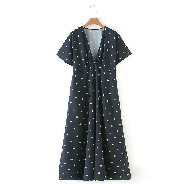 

Dot Printed Long Dresses Women Fashion Short Sleeve Dress Women Elegant A Line V Neck Dress Female Ladies CG10