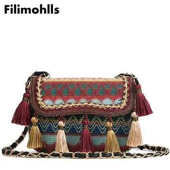 

2019 National Embroidery Women Crossbody Bags Vintage Tassel Shoulder Messenger Bag Ethnic Knitting Women Cltuch Handbags F-354