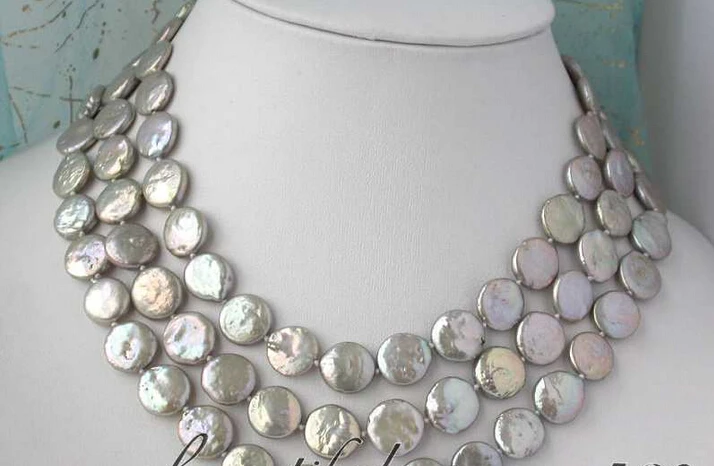 

FREE SHIPPING * Z2455 3row 13mm coin gray freshwater pearl necklace