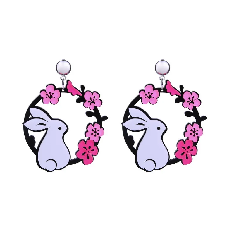 

2019 New Super Cute Sweet Acrylic Color Flower Branch Rabbit Earrings Round Big Temperament Earrings Ear Nails Ins Pendientes