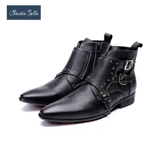 Christia Bella/зимние мужские ботинки из натуральной кожи; Мужские модельные ботинки с заклепками для свадебной вечеринки; черные мотоботы с острым носком; большие размеры