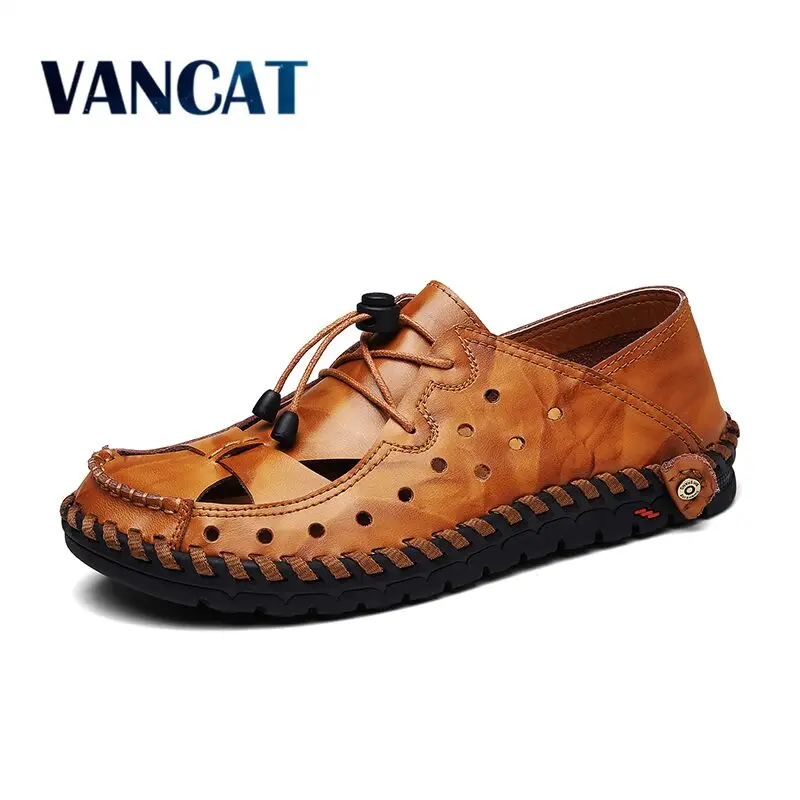 Baratos VANCAT zapatos transpirables de cuero de verano sandalias casuales de hombre de cuero genuino suela suave ligera zapatos de hombre de buena calidad