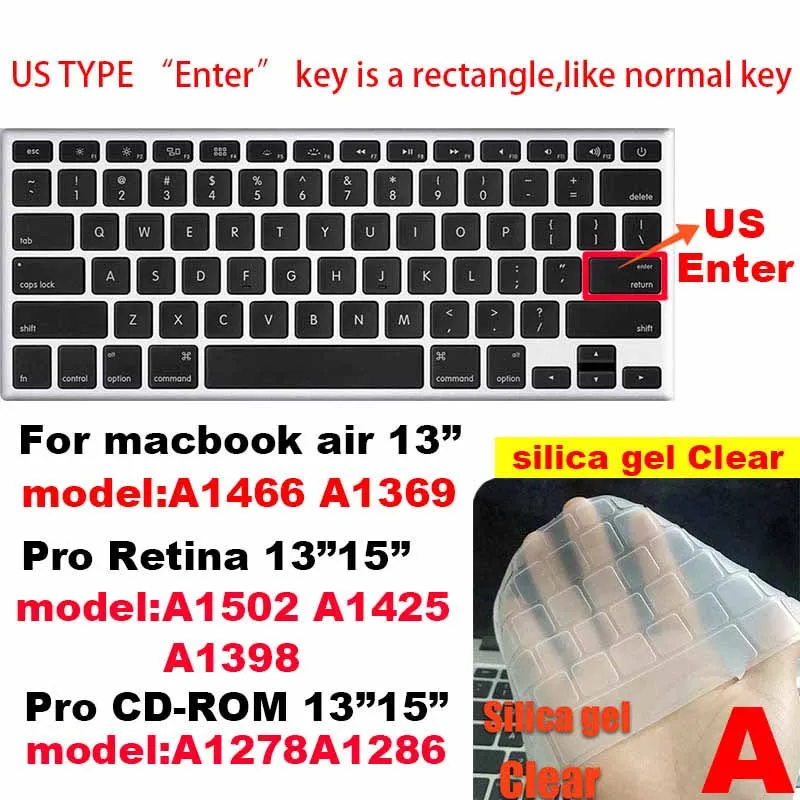 Для Apple Macbook air pro retina EU/US версия A1466/1502/1398/1534/1990 Клавиатура Чехол Silica гелевый из термопластика прозрачный протектор пленка - Цвет: A