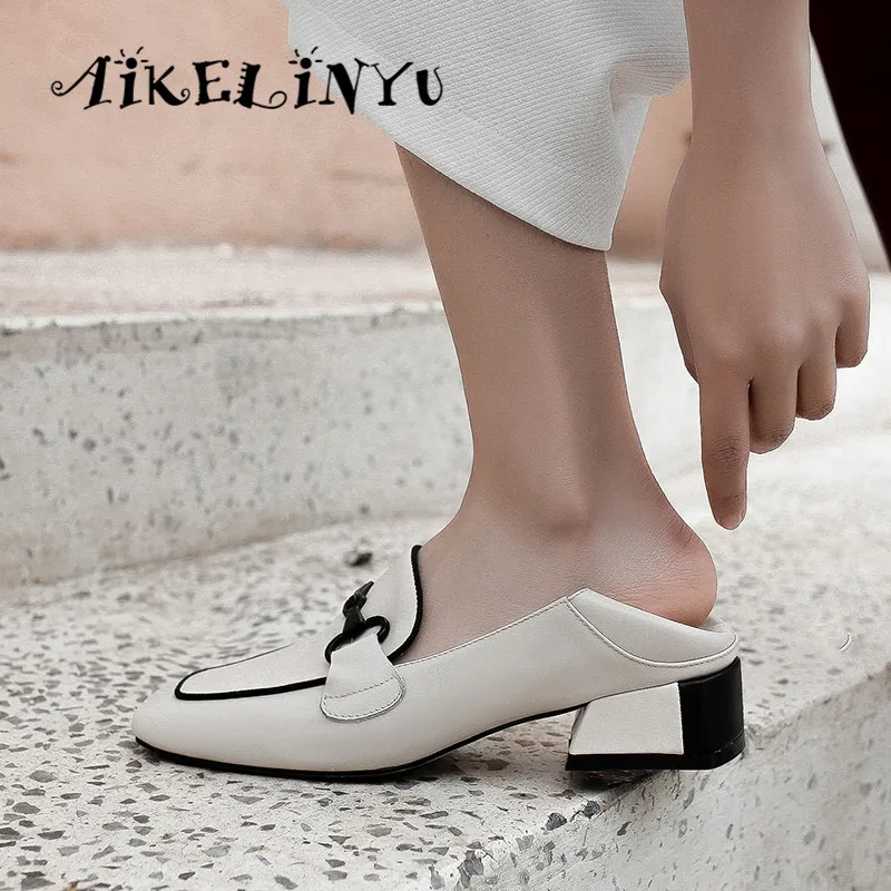 

AAIKELINYU New Women's Pumps Cow Leather Fashion Metal Chain Comfortable Square Toe Shoes Slip-on Casual 2019 Handmade Pumps