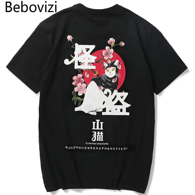 

Bebovizi Couple Print T Shirt Trend Japanese Style Hip Hop Samurai Cat T-Shirt Harajuku Streetwear Mens Cotton Short Sleeve Tops