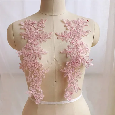 Швейные кружевные ткани 2 пары 14*35 см цвета Ganza вышивка цветок большая Кружевная аппликация для свадебного платья, свадебное платье - Цвет: Pink