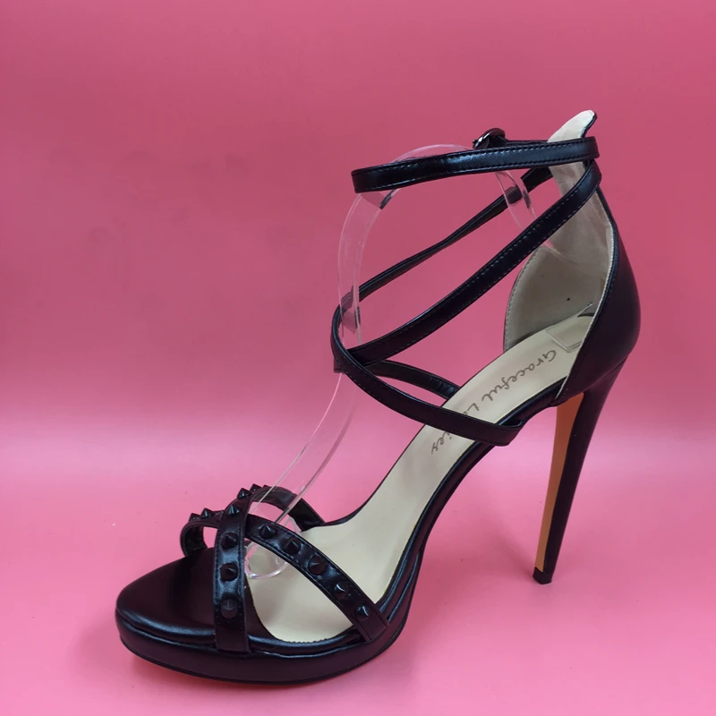 

Fashion Black Cross Tie High Heel Sandals Women Rivets Thin Straps Open Toe Ladies Sandals Handmade Women Gladiator Sandals