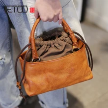 AETOO Retro Japanese crossbody bag, drawstring handheld bucket bag, handmade leather female bag, head-layer cowhide casual bag