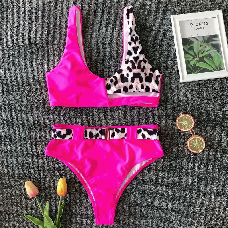 Retro Vintage Leopard Swimsuit High Waist Bikini Female Sexy Belt Swimwear Women Bathing Suit Patchwork Summer Beachwear