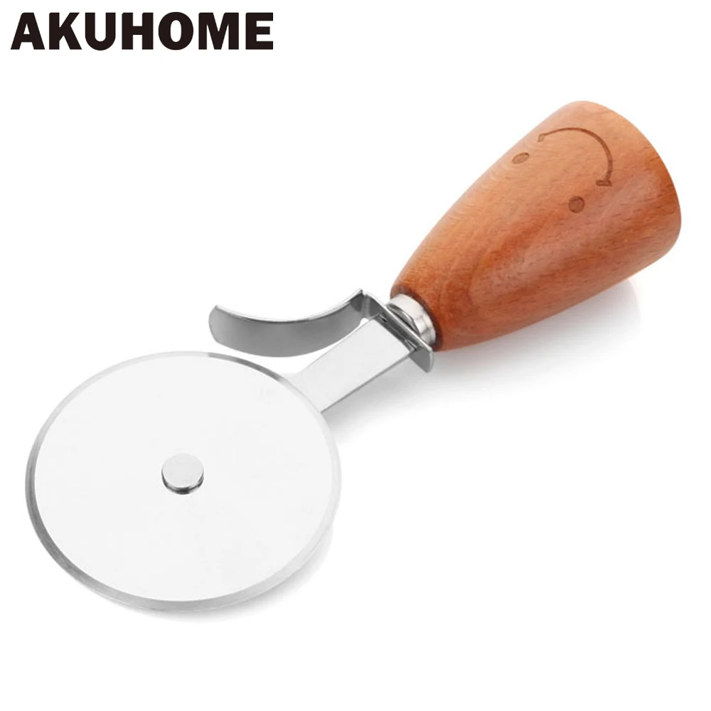 Smiling Face Stainless Steel Pizza Cutter Round Shape Wood Handle Pizza Wheel Pizza Cutter Pizza Knife Kitchen Tools