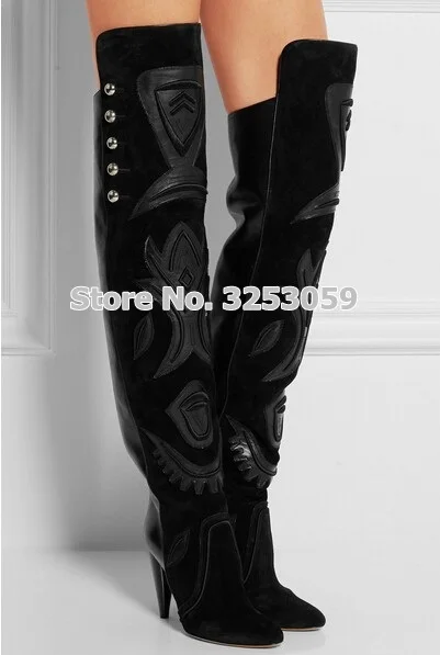 

ALMUDENA Toq Quality Black Spike Heel Embroidery Over The Knee Boots Silver Button Studded Dress Shoes Celebrity Pumps Shoes
