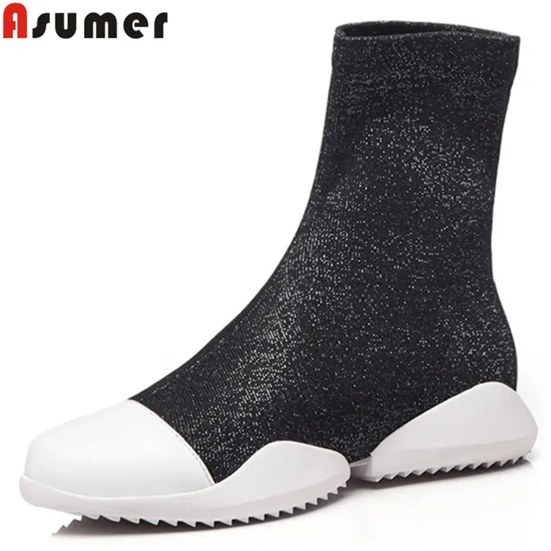 

ASUMER black fashion ankle boots for women round toe autumn winter boots casual flat with stretch fabric+cow leather boots