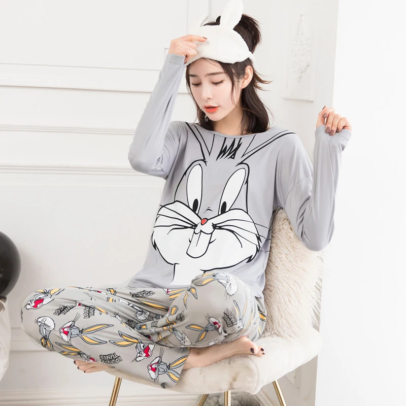 Spring Female Cartoon Rabbit Bugs Bunny Sleepwear Long Sleeve O Neck