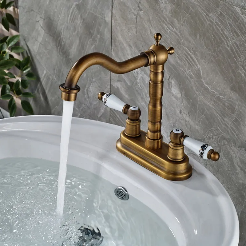 Antique Brass Basin Faucet Ceramic Handles 4